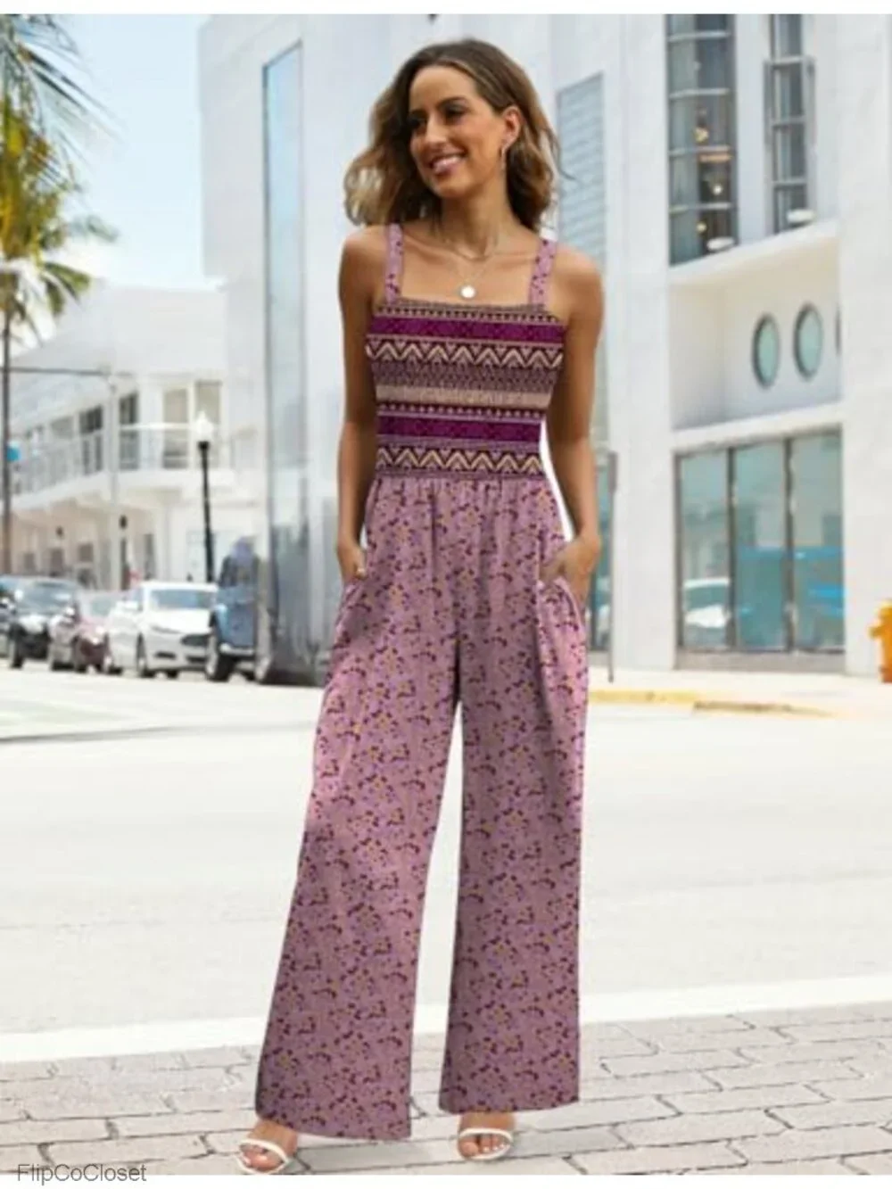 Sleeveless Square Neck Wide Leg Jumpsuit Romper with Pockets
